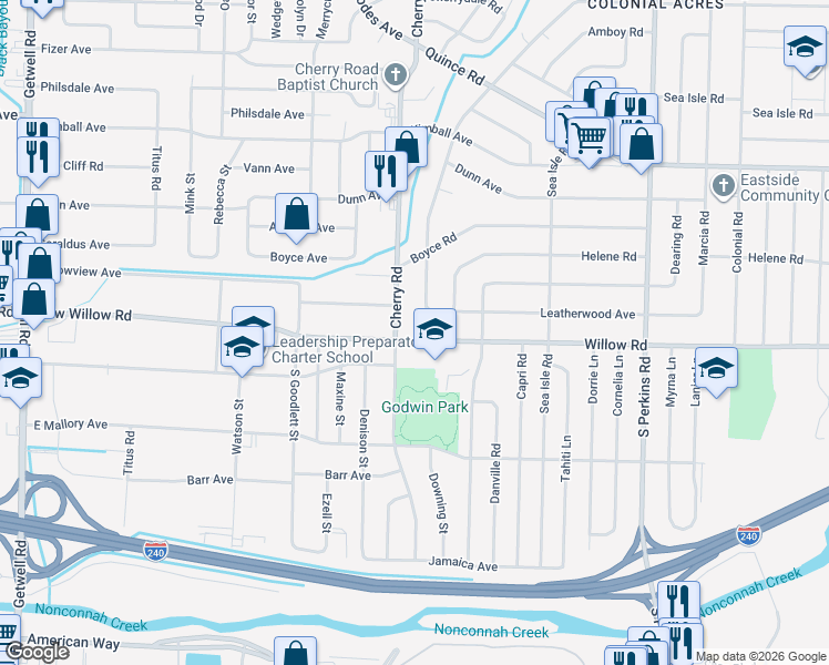 map of restaurants, bars, coffee shops, grocery stores, and more near 4389 Leatherwood Avenue in Memphis