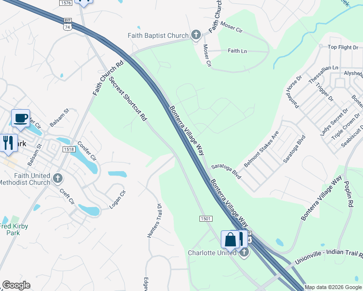 map of restaurants, bars, coffee shops, grocery stores, and more near 6714 Secrest Short Cut Road in Indian Trail