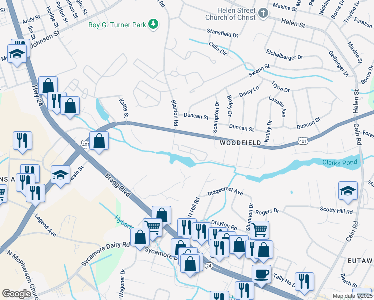 map of restaurants, bars, coffee shops, grocery stores, and more near 3385 Galleria Drive in Fayetteville