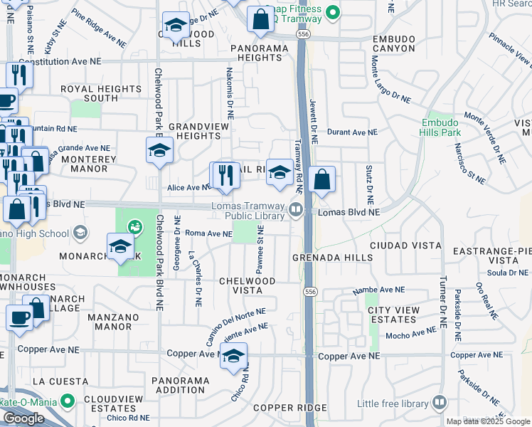 map of restaurants, bars, coffee shops, grocery stores, and more near 920 Pawnee Street Northeast in Albuquerque