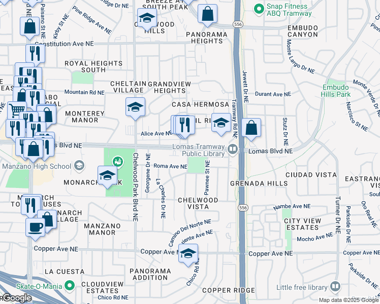 map of restaurants, bars, coffee shops, grocery stores, and more near 13101 Fruit Avenue Northeast in Albuquerque