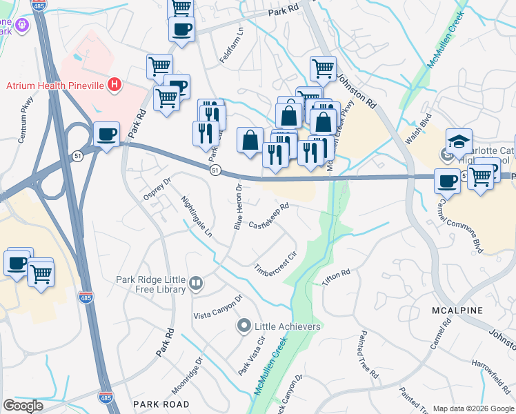 map of restaurants, bars, coffee shops, grocery stores, and more near in Charlotte