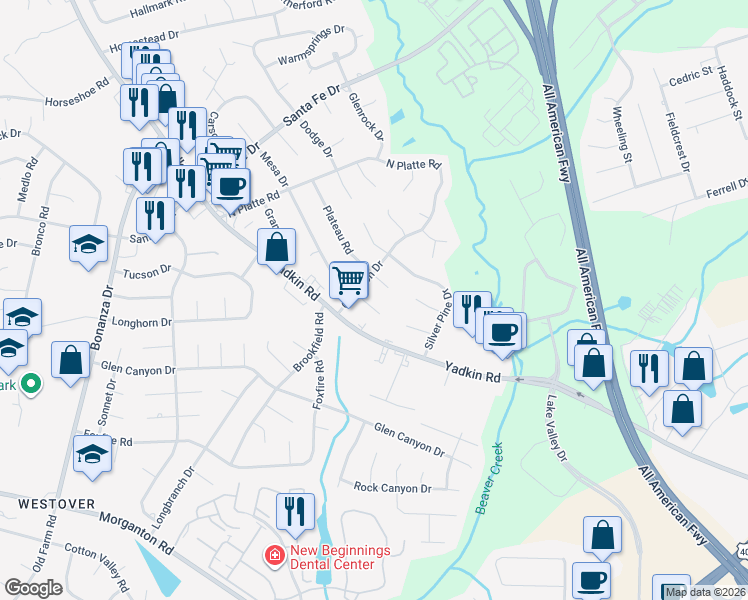 map of restaurants, bars, coffee shops, grocery stores, and more near 5337 Plateau Ct in Fayetteville