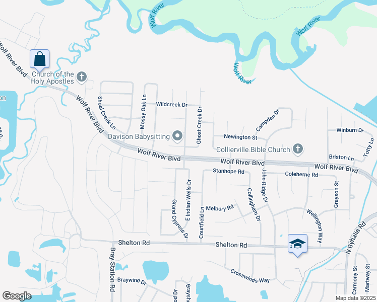 map of restaurants, bars, coffee shops, grocery stores, and more near 1670 Elk River Drive in Collierville