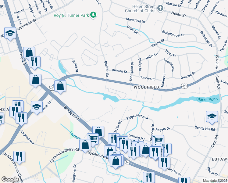 map of restaurants, bars, coffee shops, grocery stores, and more near 3374 Galleria Drive in Fayetteville