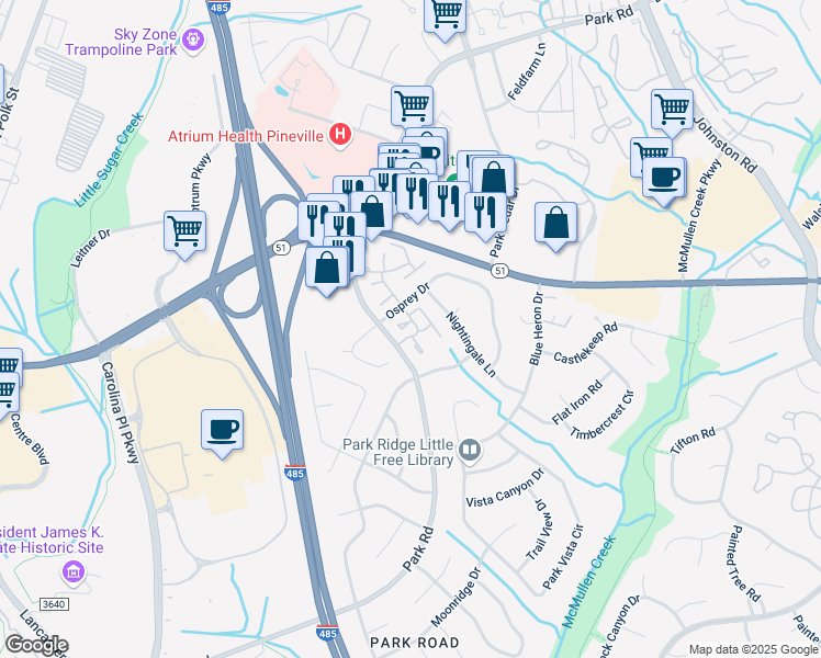 map of restaurants, bars, coffee shops, grocery stores, and more near 11012 Hunter Trail Lane in Charlotte
