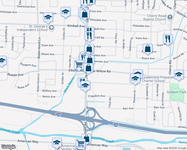 map of restaurants, bars, coffee shops, grocery stores, and more near 3969 Willow Cove in Memphis