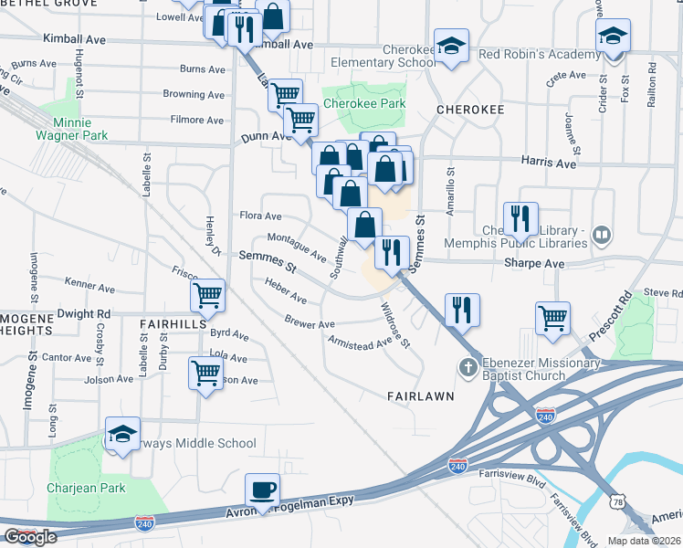 map of restaurants, bars, coffee shops, grocery stores, and more near 2909 Montague Avenue in Memphis