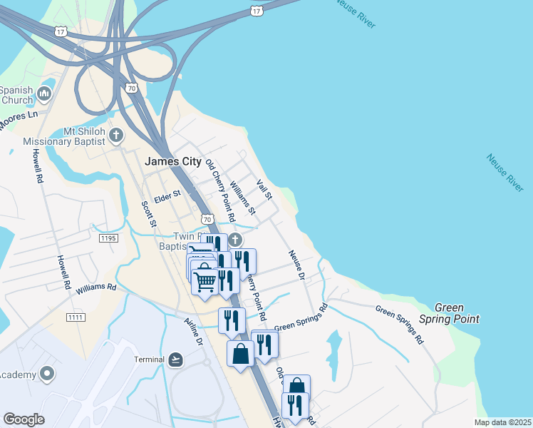 map of restaurants, bars, coffee shops, grocery stores, and more near 804 Vail Street in New Bern