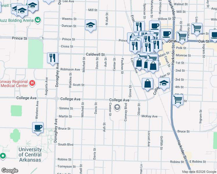 map of restaurants, bars, coffee shops, grocery stores, and more near 1622 Scott Street in Conway