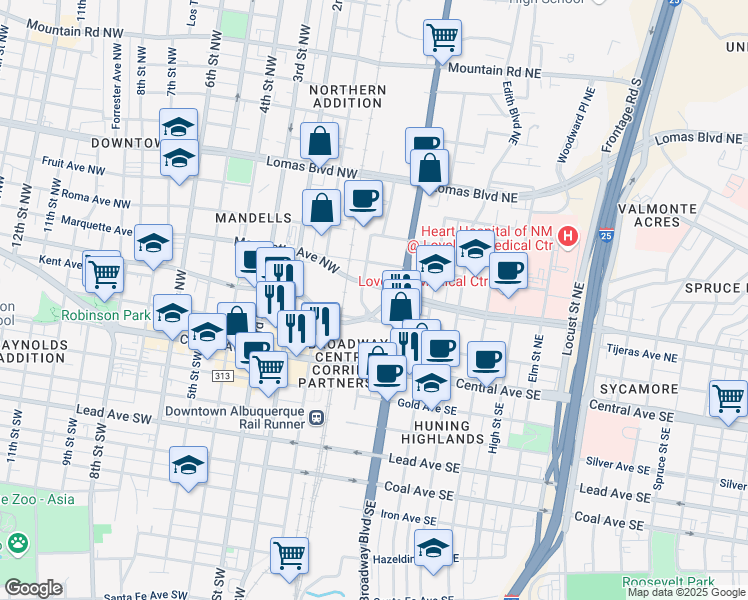 map of restaurants, bars, coffee shops, grocery stores, and more near 99999 Commercial Street Northeast in Albuquerque