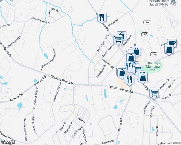 map of restaurants, bars, coffee shops, grocery stores, and more near 5108 Morningwood Drive in Matthews