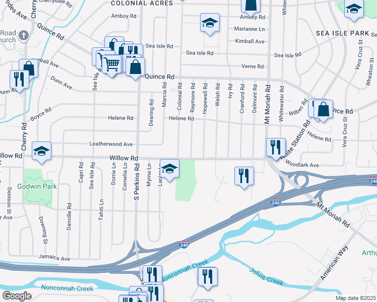 map of restaurants, bars, coffee shops, grocery stores, and more near 1665 Raymore Road in Memphis