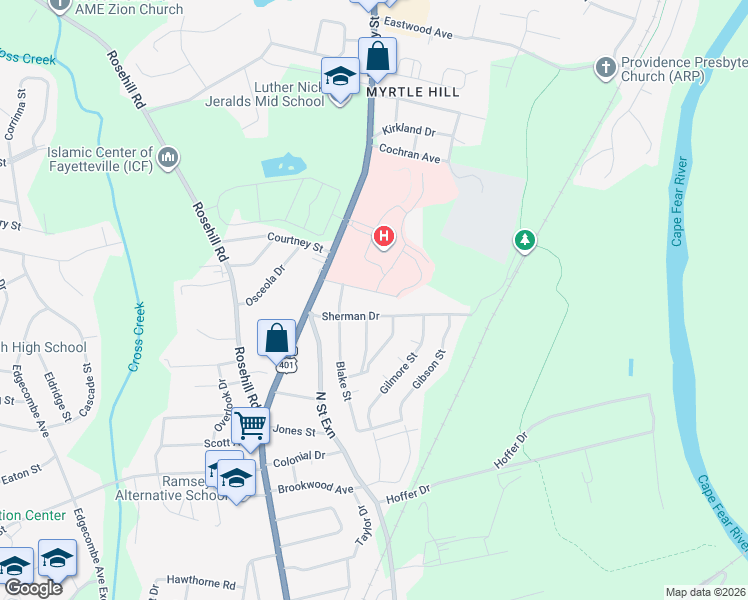 map of restaurants, bars, coffee shops, grocery stores, and more near 212 Facility Drive in Fayetteville