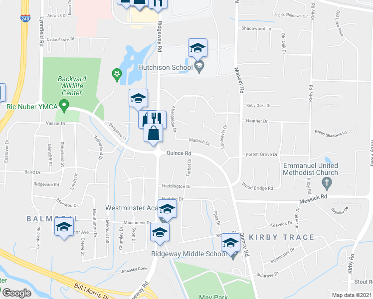 map of restaurants, bars, coffee shops, grocery stores, and more near 6166 Quince Road in Memphis