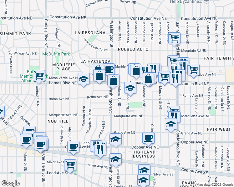 map of restaurants, bars, coffee shops, grocery stores, and more near 521 Adams Street Northeast in Albuquerque