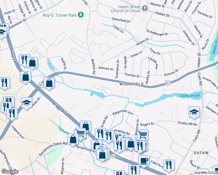 map of restaurants, bars, coffee shops, grocery stores, and more near 3374 Galleria Drive in Fayetteville