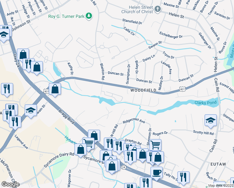 map of restaurants, bars, coffee shops, grocery stores, and more near 3374 Galleria Drive in Fayetteville