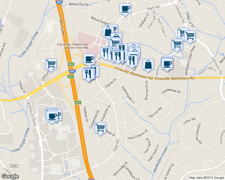 map of restaurants, bars, coffee shops, grocery stores, and more near 11009 Hunter Trail Lane in Charlotte