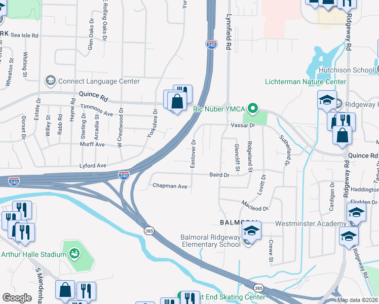 map of restaurants, bars, coffee shops, grocery stores, and more near 2315 Eastover Cove in Memphis