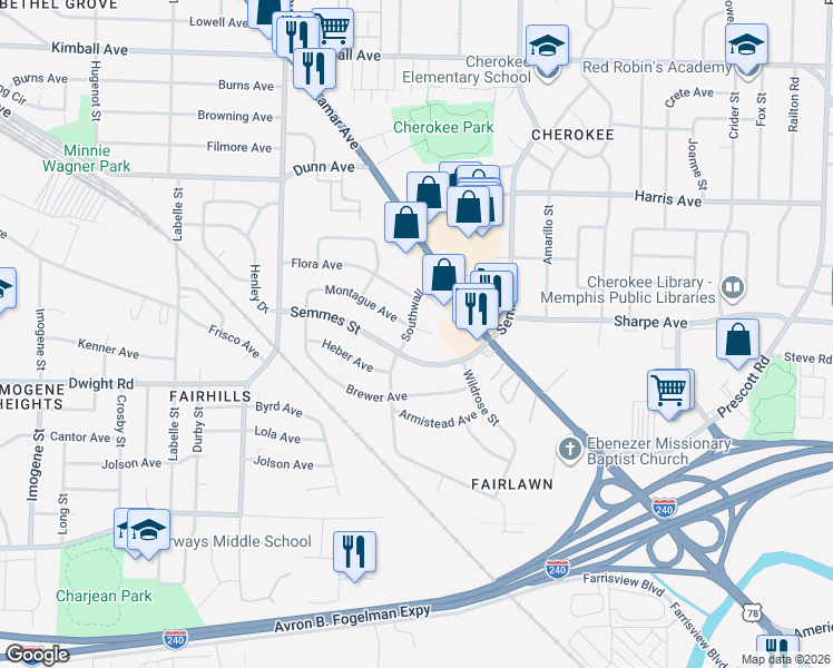 map of restaurants, bars, coffee shops, grocery stores, and more near 2909 Montague Avenue in Memphis