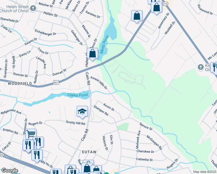 map of restaurants, bars, coffee shops, grocery stores, and more near 2022 Forest Hills Drive in Fayetteville