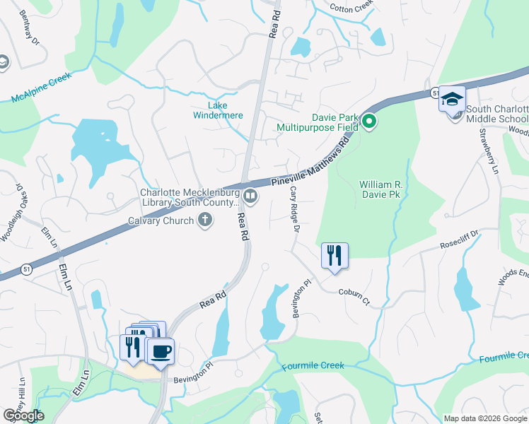 map of restaurants, bars, coffee shops, grocery stores, and more near 5814 Newcombe Court in Charlotte