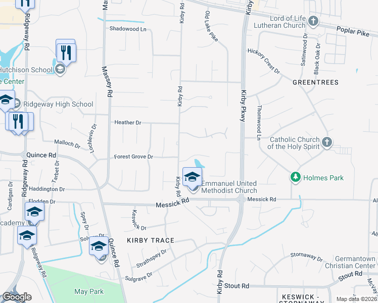 map of restaurants, bars, coffee shops, grocery stores, and more near 2288 Kirby Road in Memphis