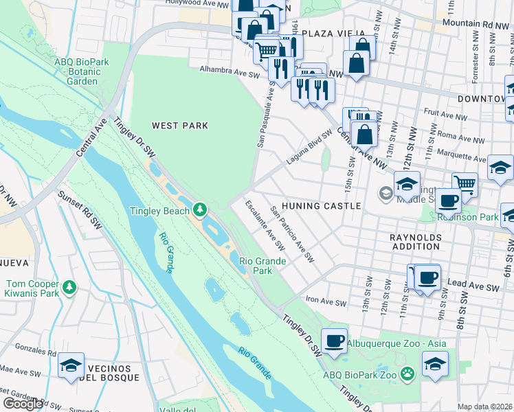 map of restaurants, bars, coffee shops, grocery stores, and more near 1712 San Patricio Avenue Southwest in Albuquerque