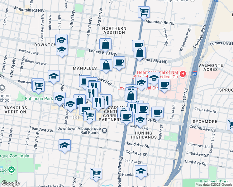 map of restaurants, bars, coffee shops, grocery stores, and more near 99999 Commercial Street Northeast in Albuquerque