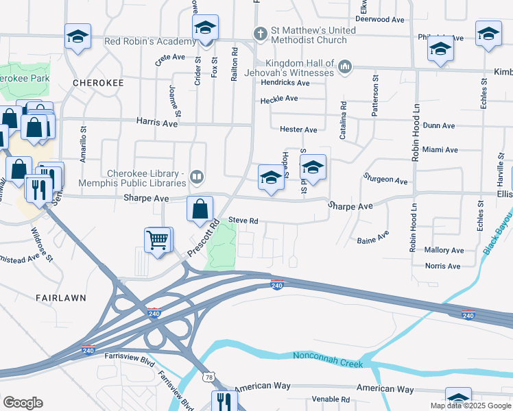 map of restaurants, bars, coffee shops, grocery stores, and more near 3403 Sharpe Avenue in Memphis