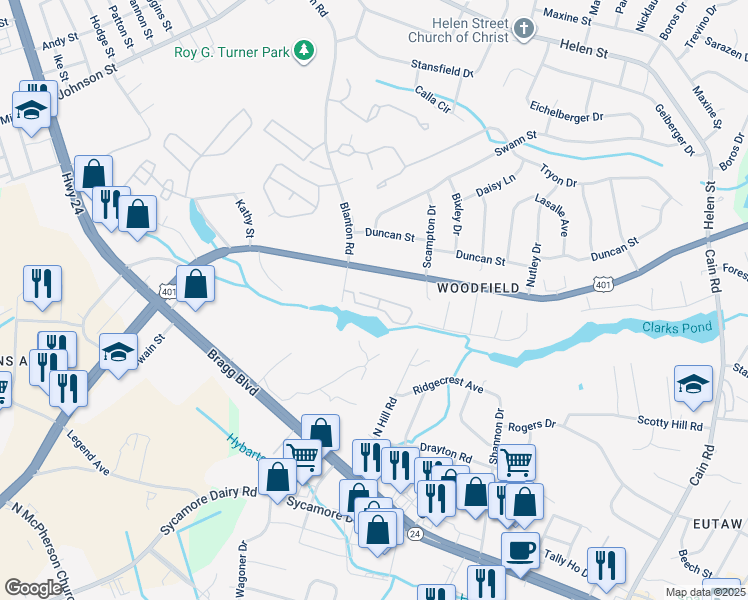 map of restaurants, bars, coffee shops, grocery stores, and more near 3385 Galleria Drive in Fayetteville