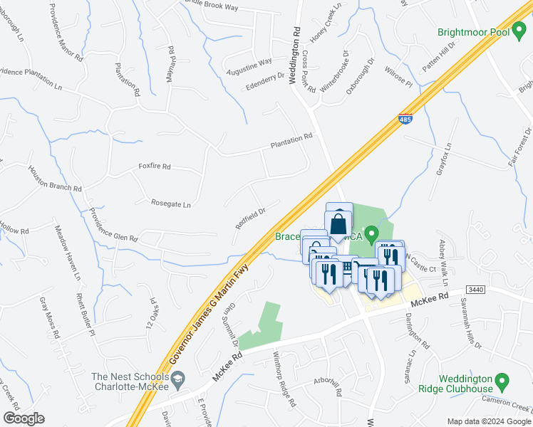 map of restaurants, bars, coffee shops, grocery stores, and more near 2837 Redfield Drive in Charlotte