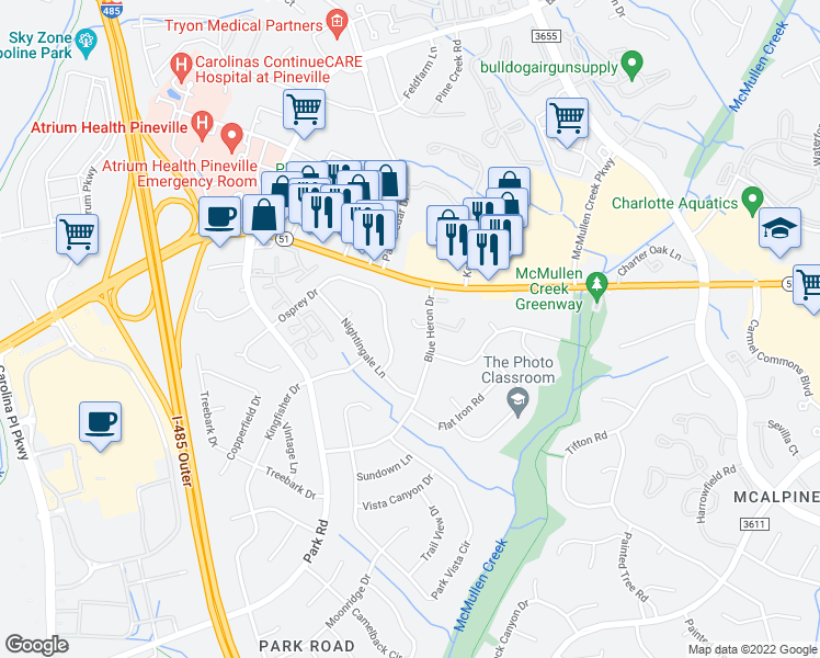 map of restaurants, bars, coffee shops, grocery stores, and more near 8623 Crows Nest Lane in Charlotte