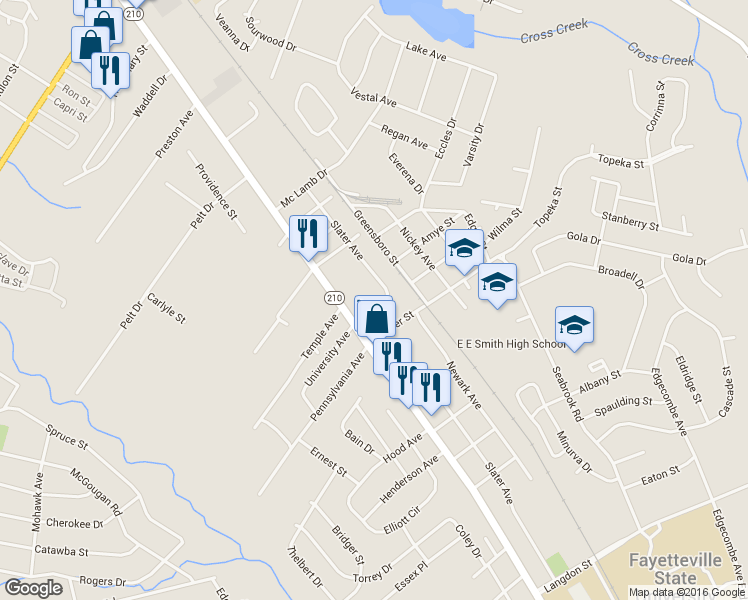 map of restaurants, bars, coffee shops, grocery stores, and more near 107 Enoch Street in Fayetteville