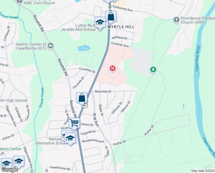 map of restaurants, bars, coffee shops, grocery stores, and more near 212 Facility Drive in Fayetteville