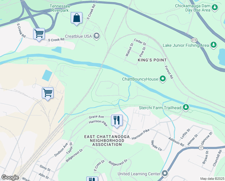 map of restaurants, bars, coffee shops, grocery stores, and more near 4142 Safehaven Court in Chattanooga