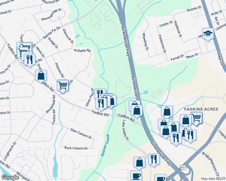 map of restaurants, bars, coffee shops, grocery stores, and more near 5115 Lake Valley Drive in Fayetteville