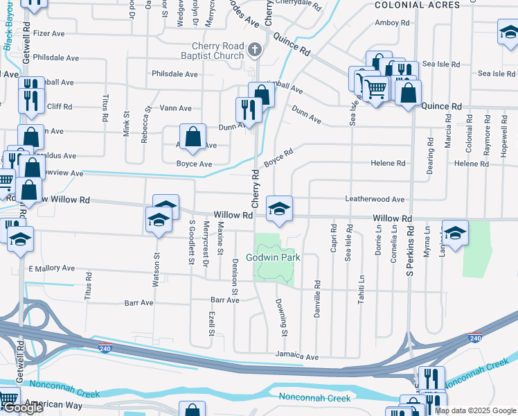 map of restaurants, bars, coffee shops, grocery stores, and more near 1652 Cherry Road in Memphis