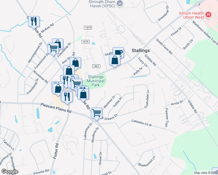 map of restaurants, bars, coffee shops, grocery stores, and more near 8092 Sapwood Court in Matthews
