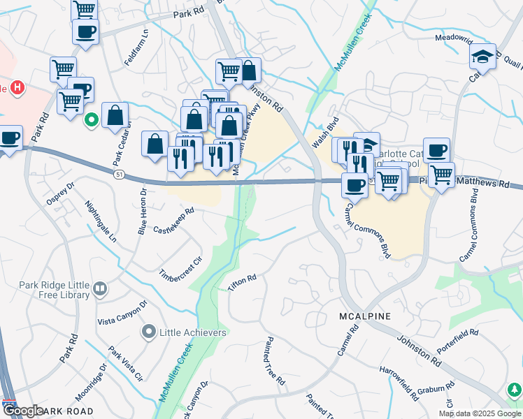 map of restaurants, bars, coffee shops, grocery stores, and more near 8050 Corporate Center Drive in Charlotte