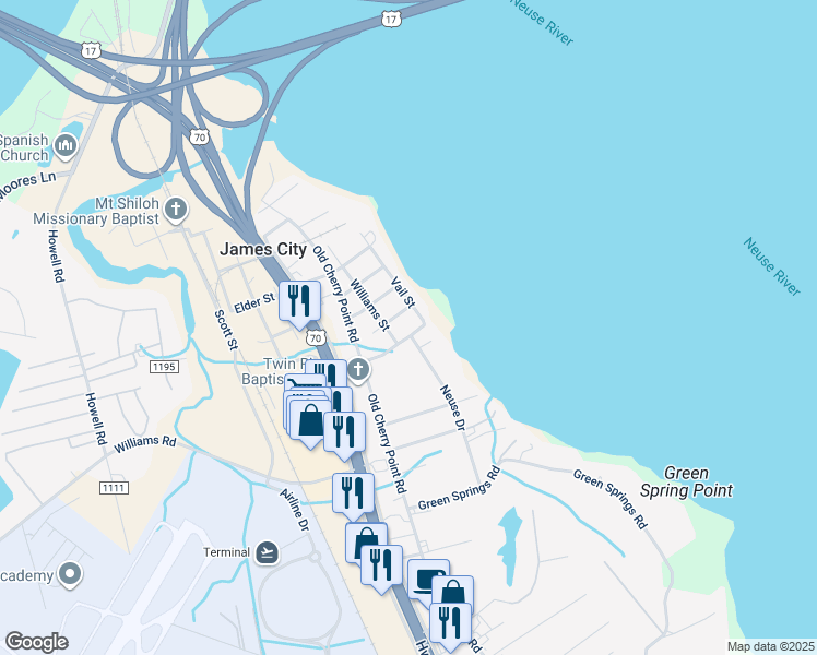 map of restaurants, bars, coffee shops, grocery stores, and more near 804 Vail Street in New Bern