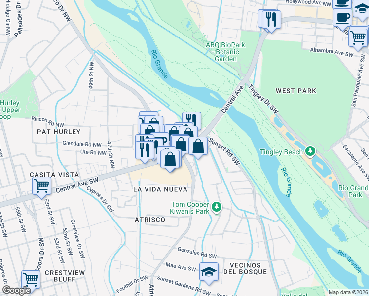 map of restaurants, bars, coffee shops, grocery stores, and more near 4011 Central Avenue Northwest in Albuquerque