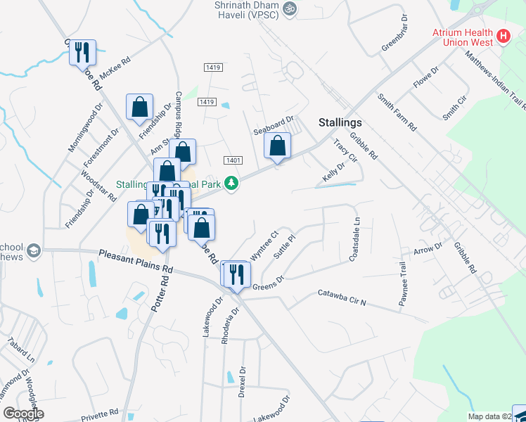 map of restaurants, bars, coffee shops, grocery stores, and more near 8096 Sapwood Court in Matthews