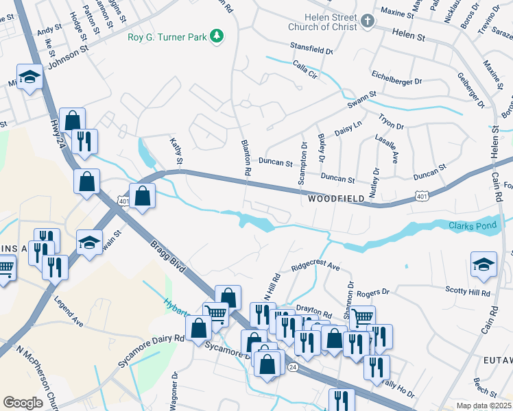 map of restaurants, bars, coffee shops, grocery stores, and more near 3392 Galleria Drive in Fayetteville