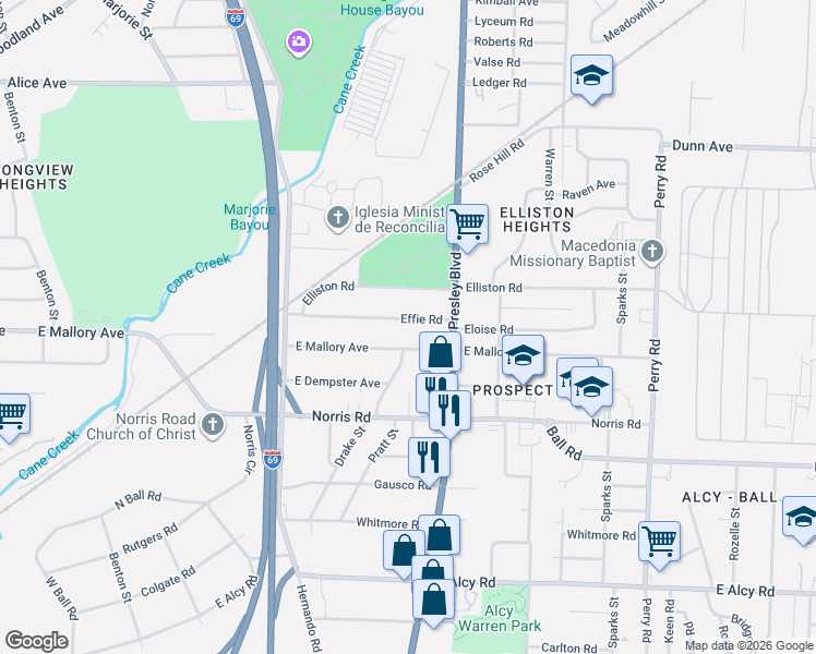 map of restaurants, bars, coffee shops, grocery stores, and more near 1307 Effie Road in Memphis