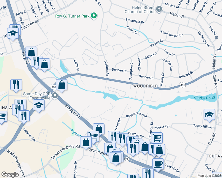 map of restaurants, bars, coffee shops, grocery stores, and more near 4201 Blanton Road in Fayetteville