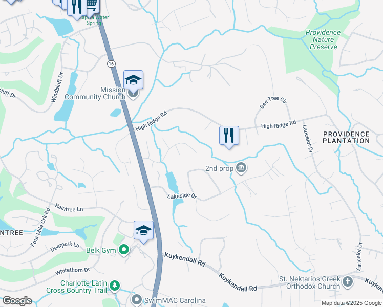 map of restaurants, bars, coffee shops, grocery stores, and more near 3919 Cambridge Hill Lane in Charlotte