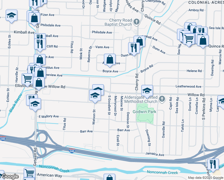 map of restaurants, bars, coffee shops, grocery stores, and more near 4248 Willow Road in Memphis