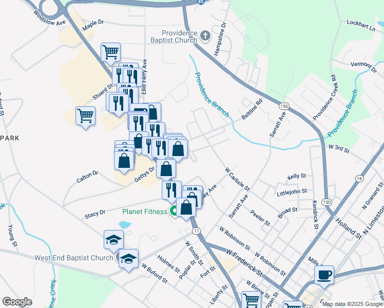 map of restaurants, bars, coffee shops, grocery stores, and more near 100 White Oak Drive in Gaffney